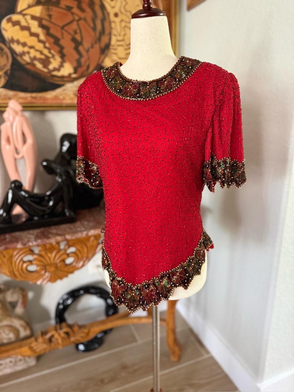 Laurence Kazar Red Beaded Silk Blouse Shirt